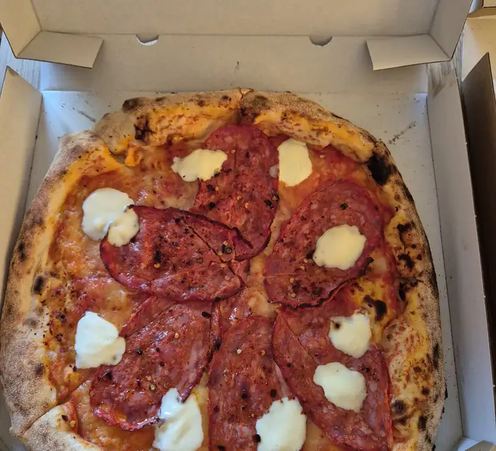 Pizza z salami w otwartym kartonie